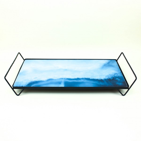 Bandeja de Ferro Retangular com Vidro Azul 20x40cm